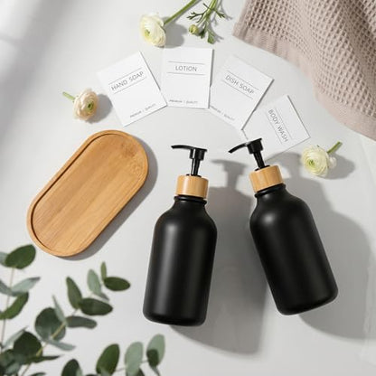 KASUNTING Hand and Dish Soap Dispenser Set, Plastic Kitchen Soap Dispenser Set with Bamboo Tray, 17 Fl Oz Black Soap and Lotion Dispensers Sets with 4 Pack Labels for Kitchen & Bathroom Countertop - color: Black, size: 2 Bottles with Bamboo Tray