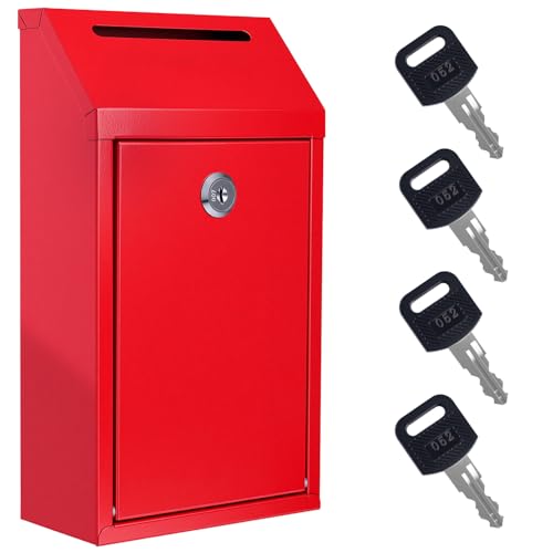 Sumerfnt Money Cash Drop Box Wall Mount, Metal Money Box with Lock and Slot, Money Collection for Farm Stand Supplies, Self-Serve, Tips, Fundraising, 10.24" x 5.7" x 2.95", 4 Keys, Red - color: Red