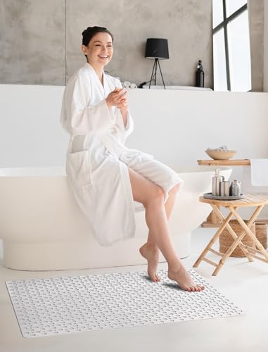 Extra Large Shower Mat, Yonala 47 x 32 Inch Non Slip Shower Mats for Inside Shower, Soft TPE Shower Floor Mat with Suction Cups and Drain Holes, Machine Washable Bathroom Shower Mat, Easy to Clean - color: White