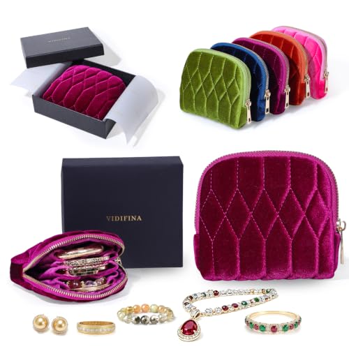 Small Travel Jewelry Case, Velvet Pouch with Zipper, Rose Purple - color: RosePurple