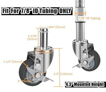 RILIDRI 3-Inch Caster for Wire Shelving Racks, Heavy Duty Scaffolding Wheel with Brake, Set of 4 Metro Shelving Replacement Wheels(.864" x 2-3/16") - size: 3 Inch