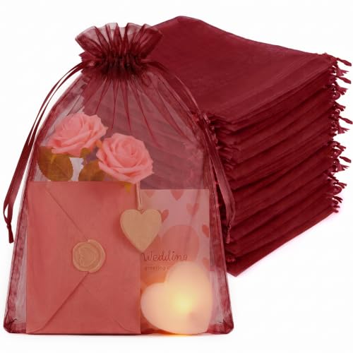 Crweety 50PCS Organza Bags 8x12 Large Red Mesh Gift Bags Drawstring - color: Red (Burgundy)