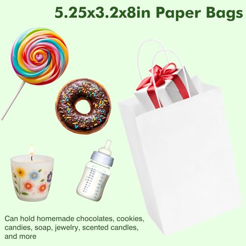 OUTUXED 100pcs Small White Paper Bags with Handles, Kraft Paper Gift Bags - color: White 5.25x3.2x8in, size: 1 Count (Pack of 100)