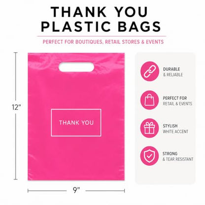 Purple Q Crafts 50 Pack Pink Thank You Plastic Shopping Bags with Die Cut Handles, 9x12 Inch - color: Pink Bag
