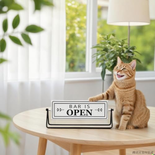 Swivel Bar is Open Closed Sign, Handmade Metal Tabletop Decor for Kitchen or Office Coffee Bar Decor with Black Stand and Embossed Letters