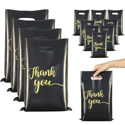 100 PCS Black Thank You Bags 9x12inch Extra Thick Plastic Retail Merchandise Bags with Handles for Small Business Boutiques and Party Favors