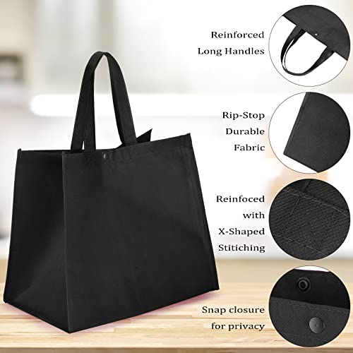 Boao 48 Pack Reusable Grocery Bags 13''L x 9.4''W x 15''H Large Foldable Shopping Tote Bag Non Woven with Handle and Button - color: Black