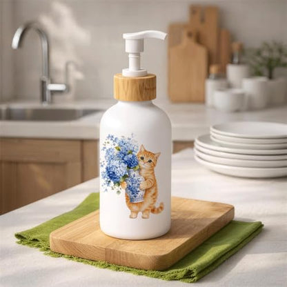 Chinoiserie Hydrangea Cat Glass Soap Dispenser with Pump - color: Hydrangea Cat