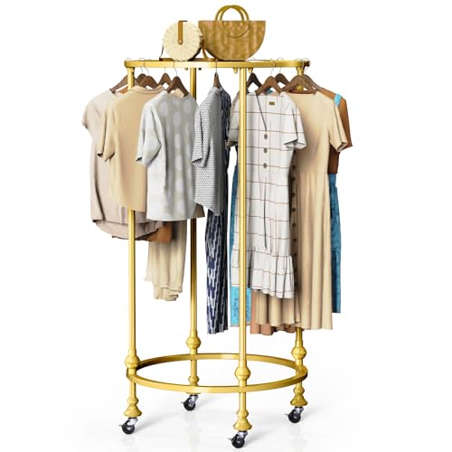 Rolling Round Garment Rack, Gold Clothing Rack with Wheels and Topper - color: Gold
