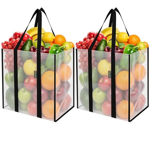BALEINE 2 PK Grocery Bags Reusable Shopping Bags with Reinforced Bottom, Heavy Duty Foldable Tote Bags (Transparent) - color: Transparent, size: 2 PK