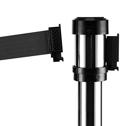 Karat 38 inch height Guidance Stanchion, Guests Safety, Crowd Control with 6.5 foot Black Retractable Belt Easy Connect Assembly For your Store, Restaurant, Bulding- Set of 2 (Silver)