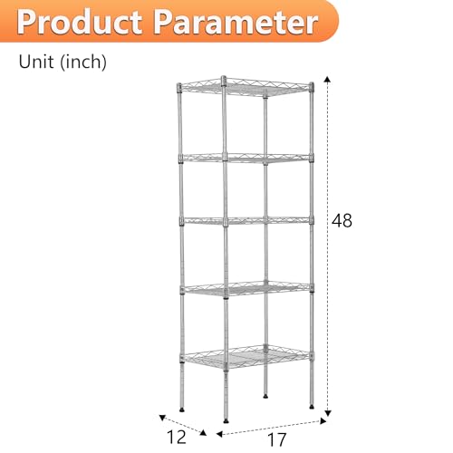 BestOffice | 5-Tier Wire Shelf | 17" x 12" x 48" | Chrome - color: Chrome, size: 17"D x 12"W x 48"H