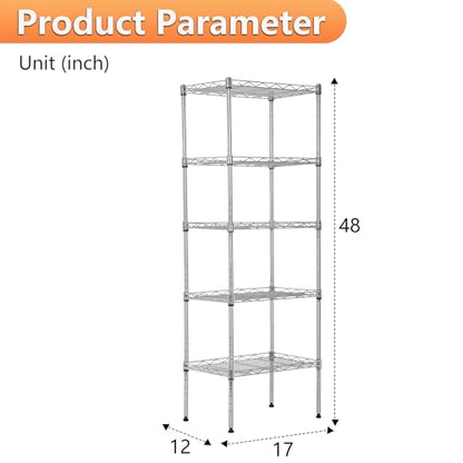 BestOffice | 5-Tier Wire Shelf | 17" x 12" x 48" | Chrome - color: Chrome, size: 17"D x 12"W x 48"H