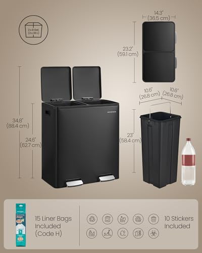 SONGMICS Trash Can, 2 x 8 Gallon (2 x 30 L) Double Compartment - color: Black, size: 2 x 8 Gal.