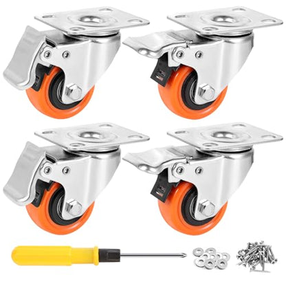 W B D WEIBIDA 2" Plate Caster Wheels Heavy Duty 600 Lbs Load Capacity Swivel Casters with Brake Set of 4, Safety Dual Locking, No Noise Wheels for Furniture, Carts (Screws and Screwdriver) - size: 2 INCH