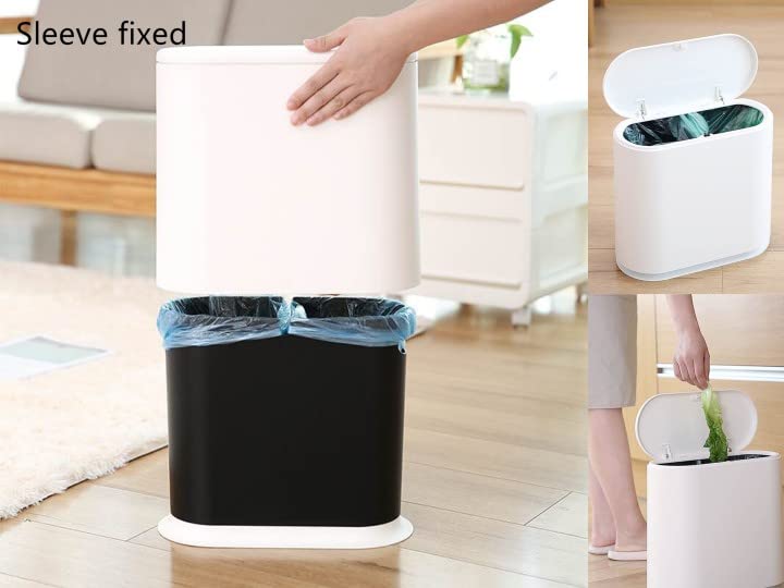 KLGO 2.4 Gallon Slim Plastic Trash Can Wastebasket,10 Liter Rectangular Double Barrel Garbage Container Bin for Bathroom,Bedroom, Kitchen and Office,Removable Liner Bucket,White