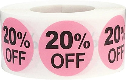 20% Percent Off Stickers for Retail 1 Inch 500 Adhesive Labels