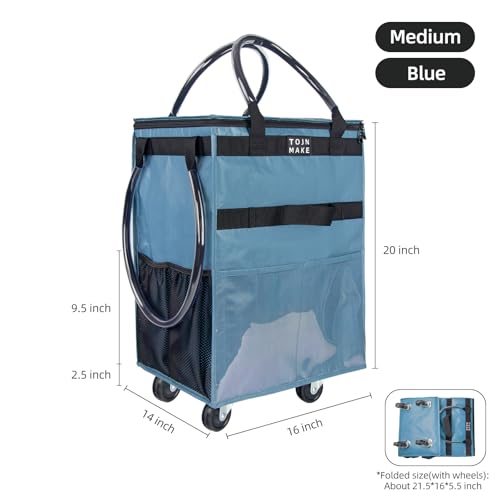 Reusable Grocery Bag with Wheels, Medium Blue Rolling Tote - color: Blue, size: Medium
