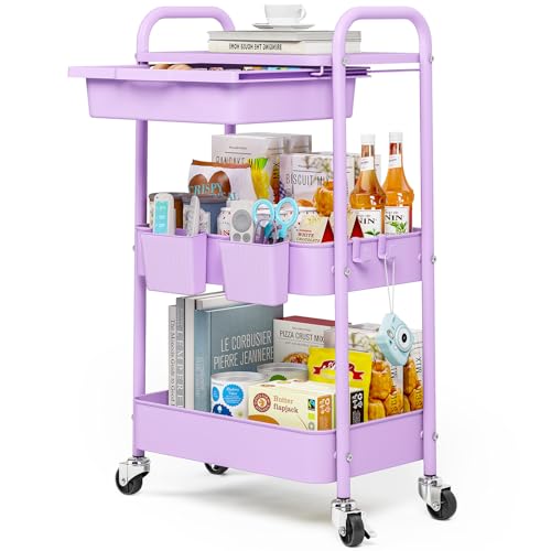 KINGRACK 3 Tier Metal Rolling Cart with Drawer, Purple Utility Storage Cart - color: Purple