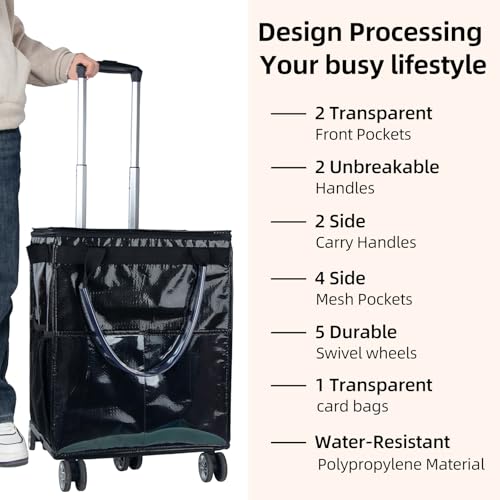 Reusable Grocery Bags on Wheels, Rolling Tote Bag, Black - color: Black