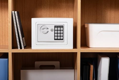Small Safe Box With Digital Keypad & Keys - 9.05 x 6.7 x 6.7 Inches Wall Safe 0.23 Cuft Mini Security Lock for Coin Home Office Hotel Rooms Business Jewelry Gun (White) - color: White