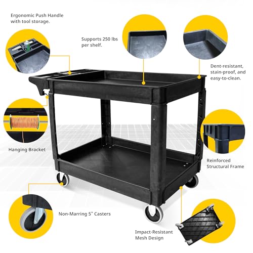 MaxWorks 2‑Tier Heavy‑Duty Utility Service Cart 500 lb Capacity 46" x 25.5" x 33.5" with 5" Swivel Casters and Polypropylene Shelves for Garage Workshop Warehouse Office (80858) - size: 46 inch x 25.5 inch x 33.5 inch