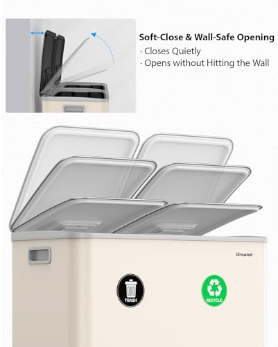 Dual Trash and Recycling Bins for Kitchen, 2×13 Gallon (2× 50L) Stainless Steel Trash and Recycle Bin Combo with Soft-Close Lid, Large Garbage Cans for Kitchen Home with 2 Magnets Sticker, Apricot - color: Apricot