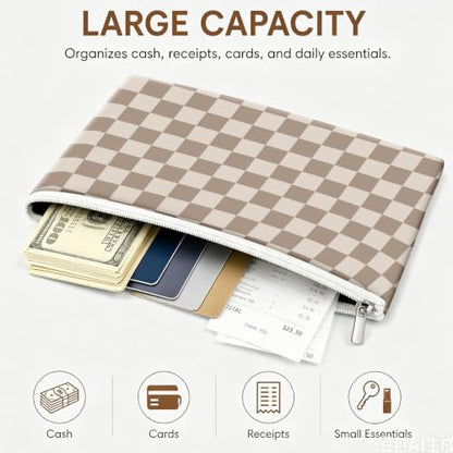 Money Bag with Zipper, Cute PU Leather Cash Bags, Portable Bank Bag Money Pouch for Cash, Coins, Checks, Receipts, Invoices Cosmetics Tools, Deposit Bag for Office Travel, Checker - color: Checker