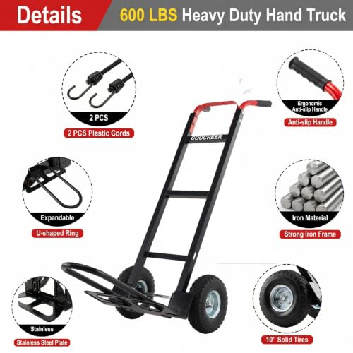 600lb Aluminum Hand Truck Heavy Duty Dolly, 10-Inch Pneumatic Tires,Cart - color: Red-2