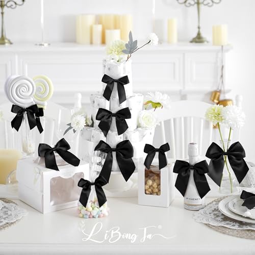 4.5" Small Twist Tie Black Satin Ribbon Gift Wrap Bows 24 Counts - color: Black