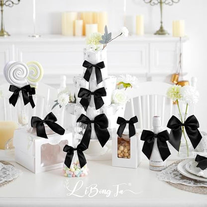 4.5" Small Twist Tie Black Satin Ribbon Gift Wrap Bows 24 Counts - color: Black
