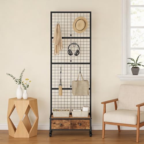 MAHANCRIS 1.8' x 5.6' Ft Grid Wall Panel, Retail Display Rack with 2 Fabric Drawers & 4 Wheels, Gridwall Display Stand with 10 Hooks and 10 Anti-Wind S-Hooks, for Entryway, Kitchen, Outdoors, GPHR5601
