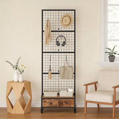 MAHANCRIS 1.8' x 5.6' Ft Grid Wall Panel, Retail Display Rack with 2 Fabric Drawers & 4 Wheels, Gridwall Display Stand with 10 Hooks and 10 Anti-Wind S-Hooks, for Entryway, Kitchen, Outdoors, GPHR5601