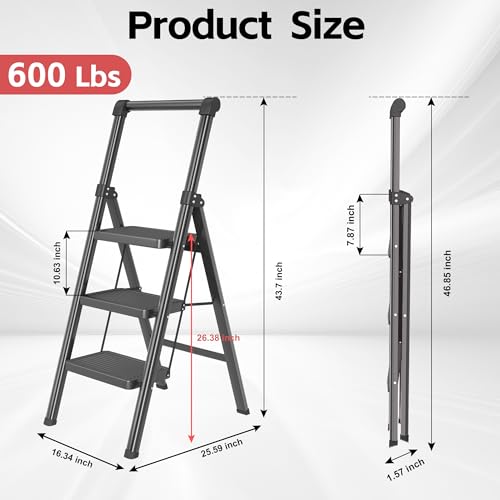 Foldable Step Ladder Stool for Home,3 Step Stool with Wide Anti-Slip Pedal, Heavy Duty 600Lbs Ladder for Indoor Kitchen Closet Stair Use, Black