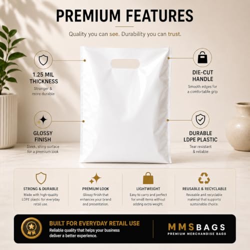 White Plastic Merchandise Bags, Die Cut Retail Shopping Bags for Small Business, Boutique & Store Packaging, 1.25 Mil, 9x12, 12x15, 15x18, Packs of 100, 200, 500 (100, 12x15) - size: 12x15