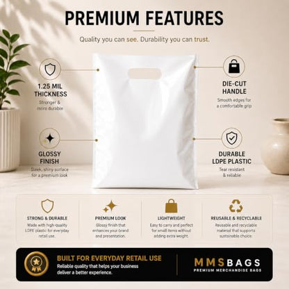 White Plastic Merchandise Bags, Die Cut Retail Shopping Bags for Small Business, Boutique & Store Packaging, 1.25 Mil, 9x12, 12x15, 15x18, Packs of 100, 200, 500 (100, 15x18) - size: 15x18