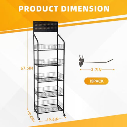 TONGMO 5 Tier Snack Rack Display Stand - Retail Display Shelves with Top Pegboard, 15 Hooks, Bakery Display Rack on Wheels for Easy Mobility and Organization (Black, 5‑Tier) - color: Black