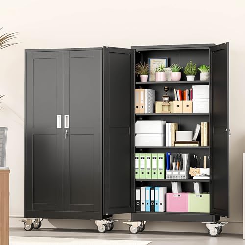 pozdeg 71" Black Lockable Rolling Metal Garage Storage Cabinet - color: Black, size: 14.96"D x 29.92"W x 71"H
