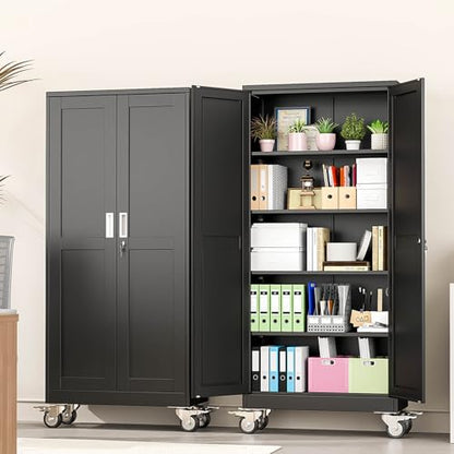 pozdeg 71" Black Lockable Rolling Metal Garage Storage Cabinet - color: Black, size: 14.96"D x 29.92"W x 71"H