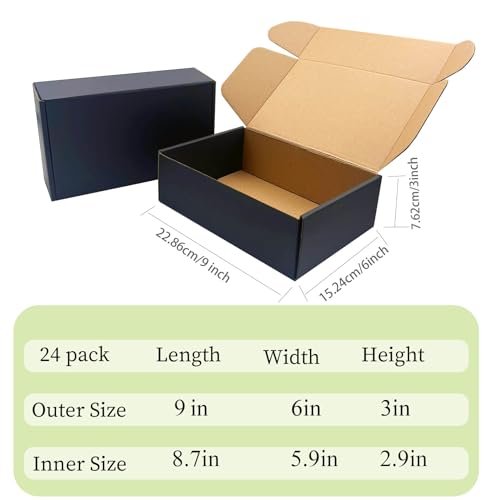 24 Pack 9x6x3 inches Black Shipping Boxes, Cardboard Packaging Mailing Box - size: 9x6x3 Inches
