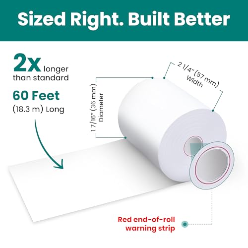 2 1/4” x 60 ft Coreless Thermal Paper Receipt Rolls for Square Terminal, 20 Rolls