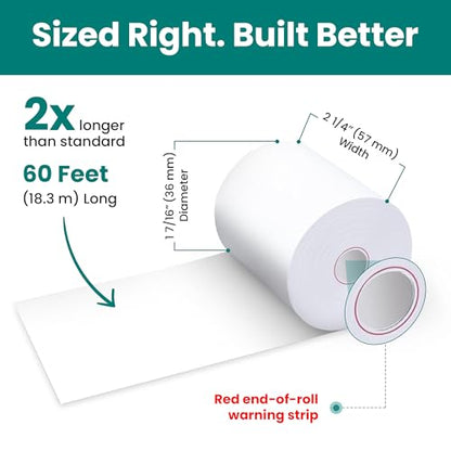 2 1/4” x 60 ft Coreless Thermal Paper Receipt Rolls for Square Terminal, 20 Rolls