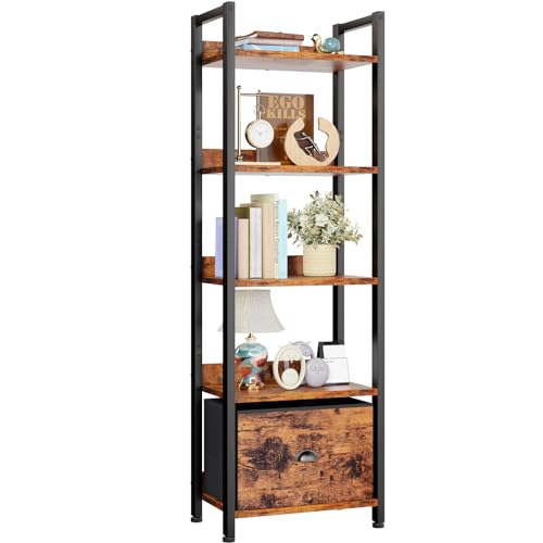 Furologee 5 Tier Bookshelf with Drawer, Tall Narrow Bookcase, Rustic Brown - color: Rustic Brown, size: 5 Tier