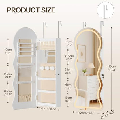 HOOBRO LED Mirror Jewelry Cabinet, Wall/Door Mounted Jewelry Organizer - color: White