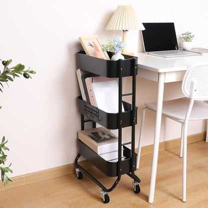MAX Houser Slim 3-Tier Rolling Utility Cart with Extra Hook, Black - color: Black, size: 3-Tier Narrow Cart