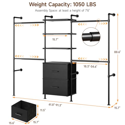 ONBRILL T3 Wall Mounted Industrial Pipe Closet Organizers Storage System - color: Black