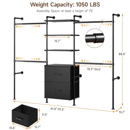 ONBRILL T3 Wall Mounted Industrial Pipe Closet Organizers Storage System - color: Black