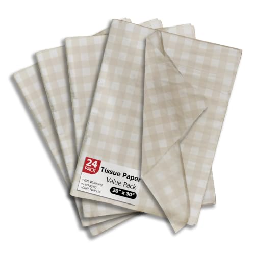 Beige Gingham Tissue Paper, 24 Sheets, 20 x 30 Inch Gift Wrap Tissue Paper - color: Beige Gingham