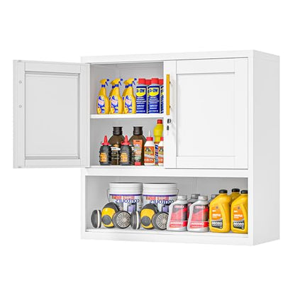 GAIOUS Metal Garage Wall Cabinet with Lock, Wall Mounted Steel Tool Cabinet - color: White, size: 11.81"D x 27.6"W x 27.6"H