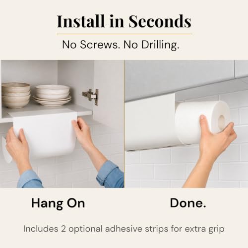 Aureo Covered Paper Towel Holder Under Cabinet, No Drill, Hooks Over Shelf - color: White